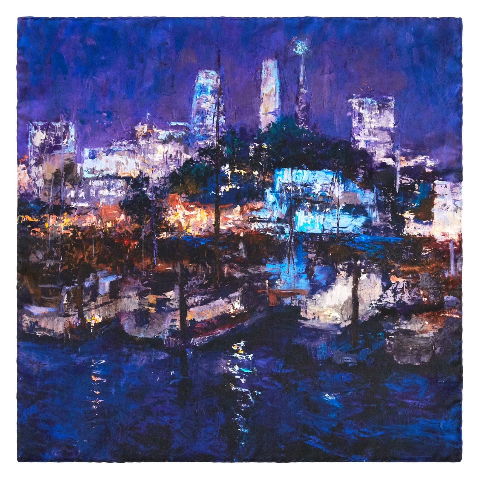 Square silk scarf Lights of the City, based on original oil painting of San Francisco evening scene of water and boats in a marina in front of the city's downtown skyline, View from the Pier, by Oksana Johnson 