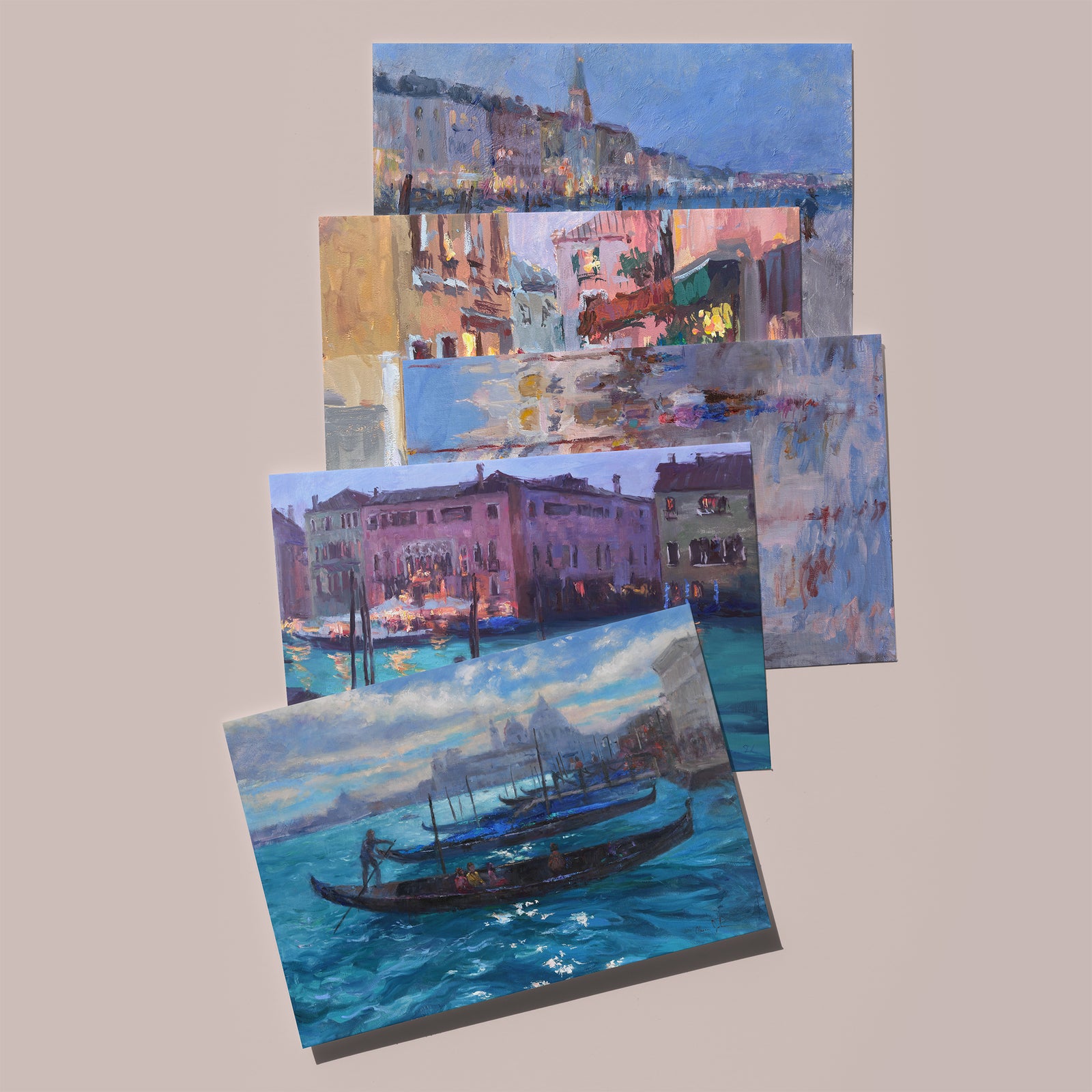 Fine art card set of 5 all-occasion 5x7 cards, based on original oil paintings of Venice, Italy, by American impressionist artist Oksana Johnson