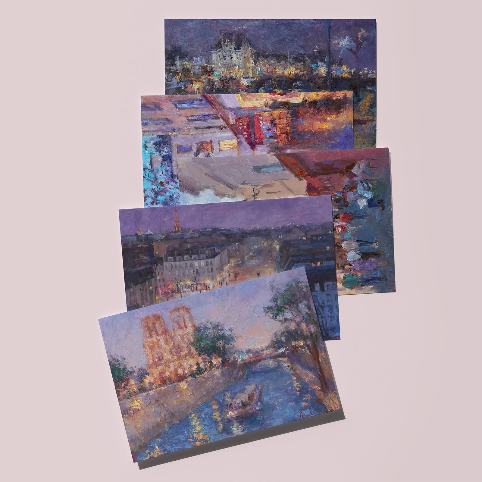 Fine art greeting cards set of Paris, France, 5 cards on flat surface, based on original oil paintings of Oksana Johnson