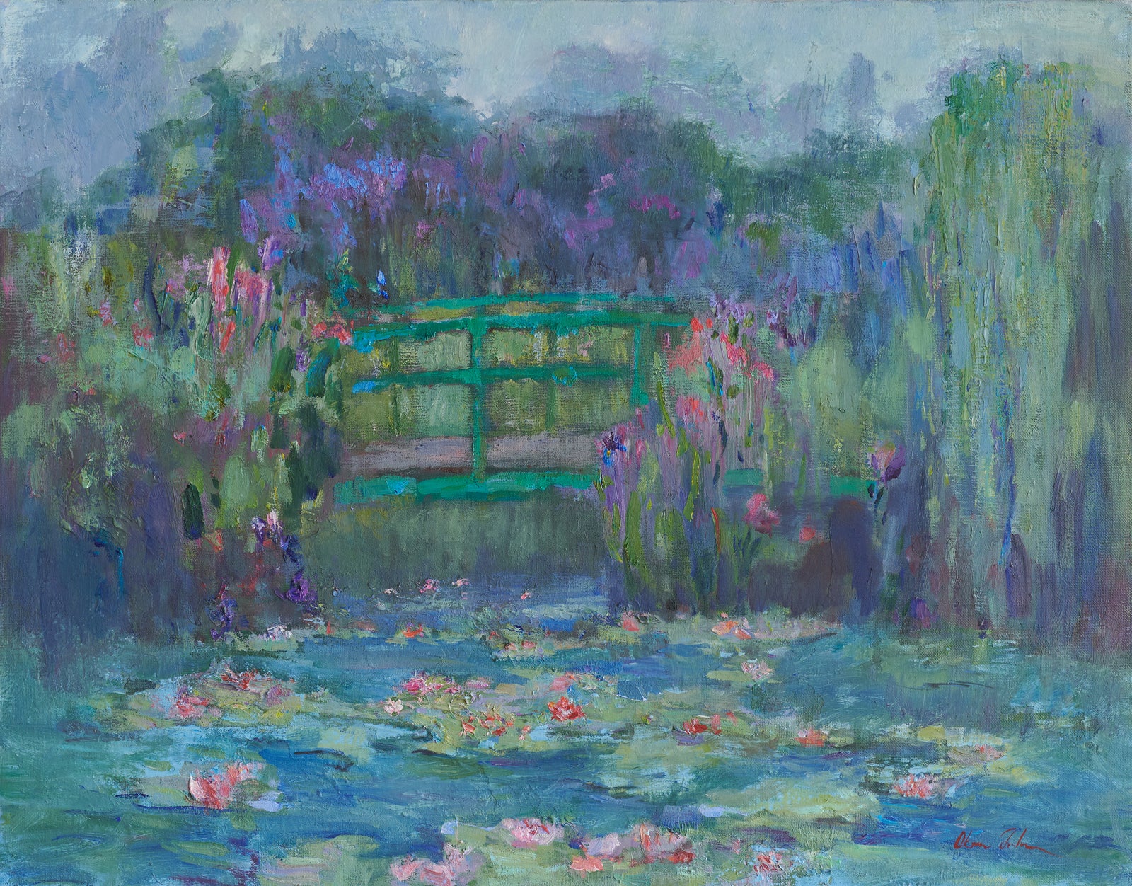 Impressionist painting Memories of Giverny by Oksana Johnson with Japanese Bridge in Monet's Garden of waterlilies and flowers, green, blue, pink, and purple hues. 