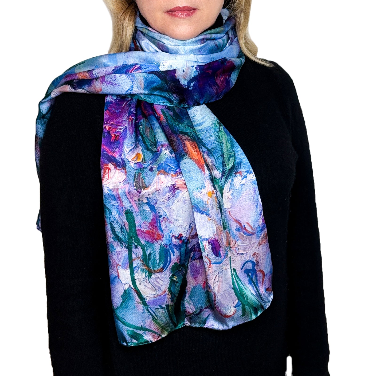 Woman in black wearing a long silk scarf with irises and water lilies on colorful background, Graceful Irises, from Oksana Fine Art and Design