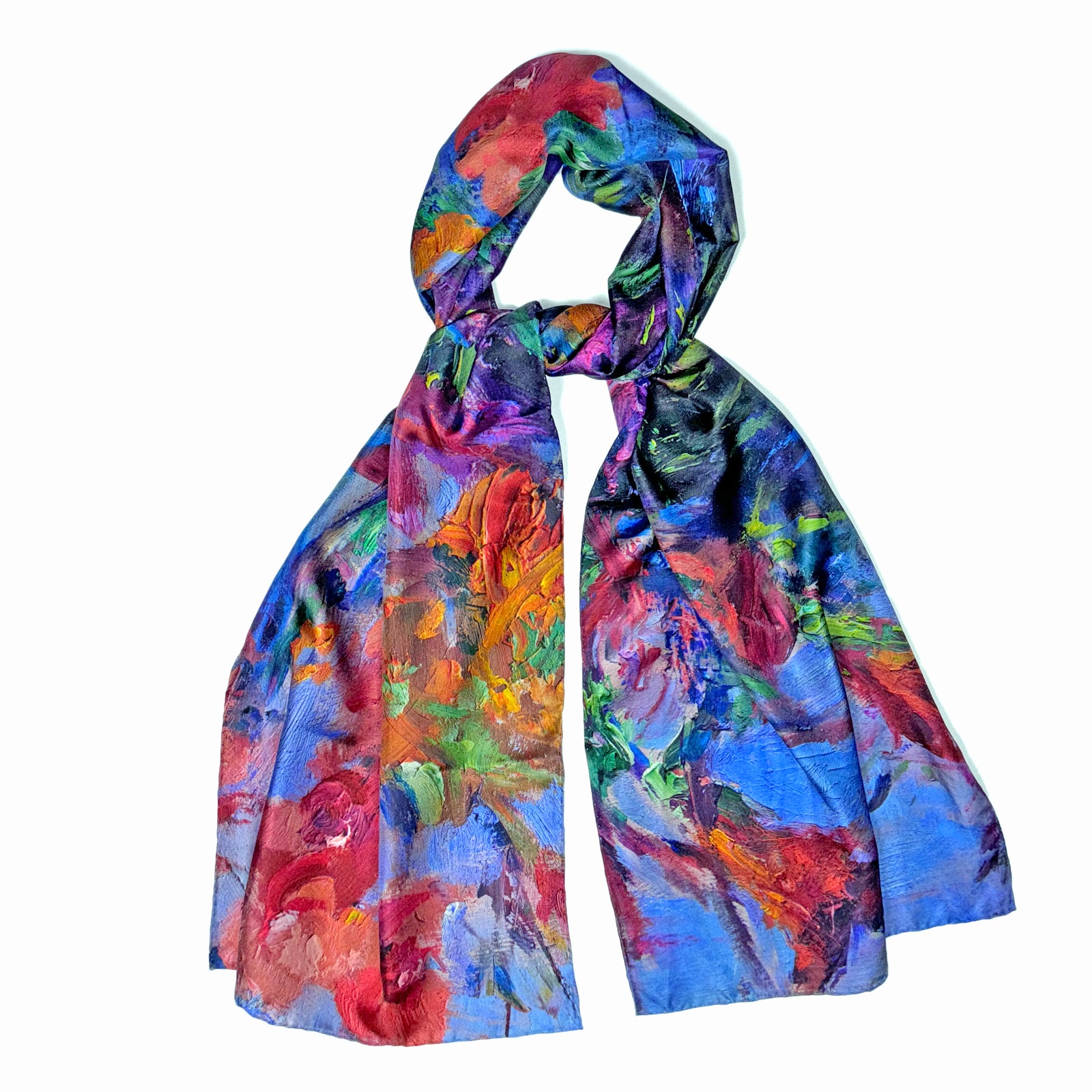 Woman in black wearing a long silk scarf with orchids and colorful background, Lavender Dream, from Oksana Fine Art and Design