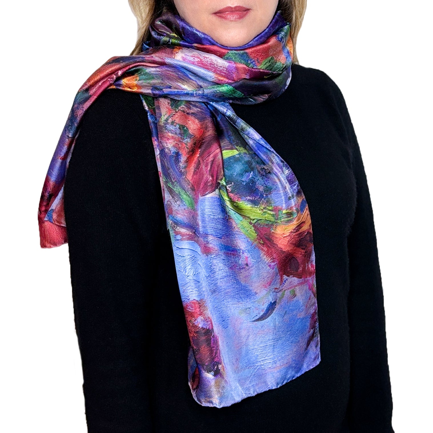 Woman in black wearing a long silk scarf with orchids and colorful background, Lavender Dream, from Oksana Fine Art and Design