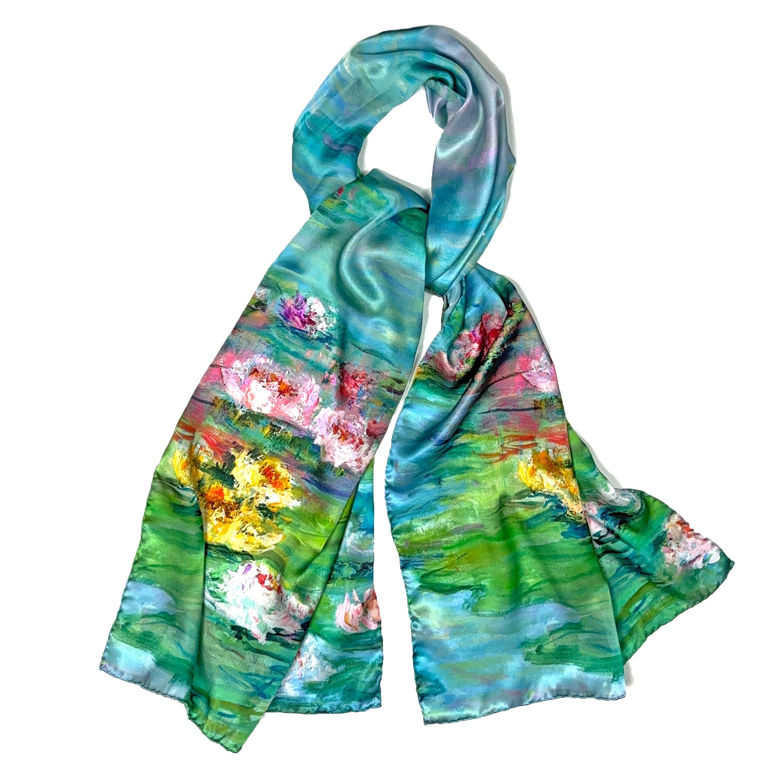 Woman in black wearing a long silk scarf with pink and white water lilies on a green and blue background, Waterlily Radiance, from Oksana Fine Art and Design
