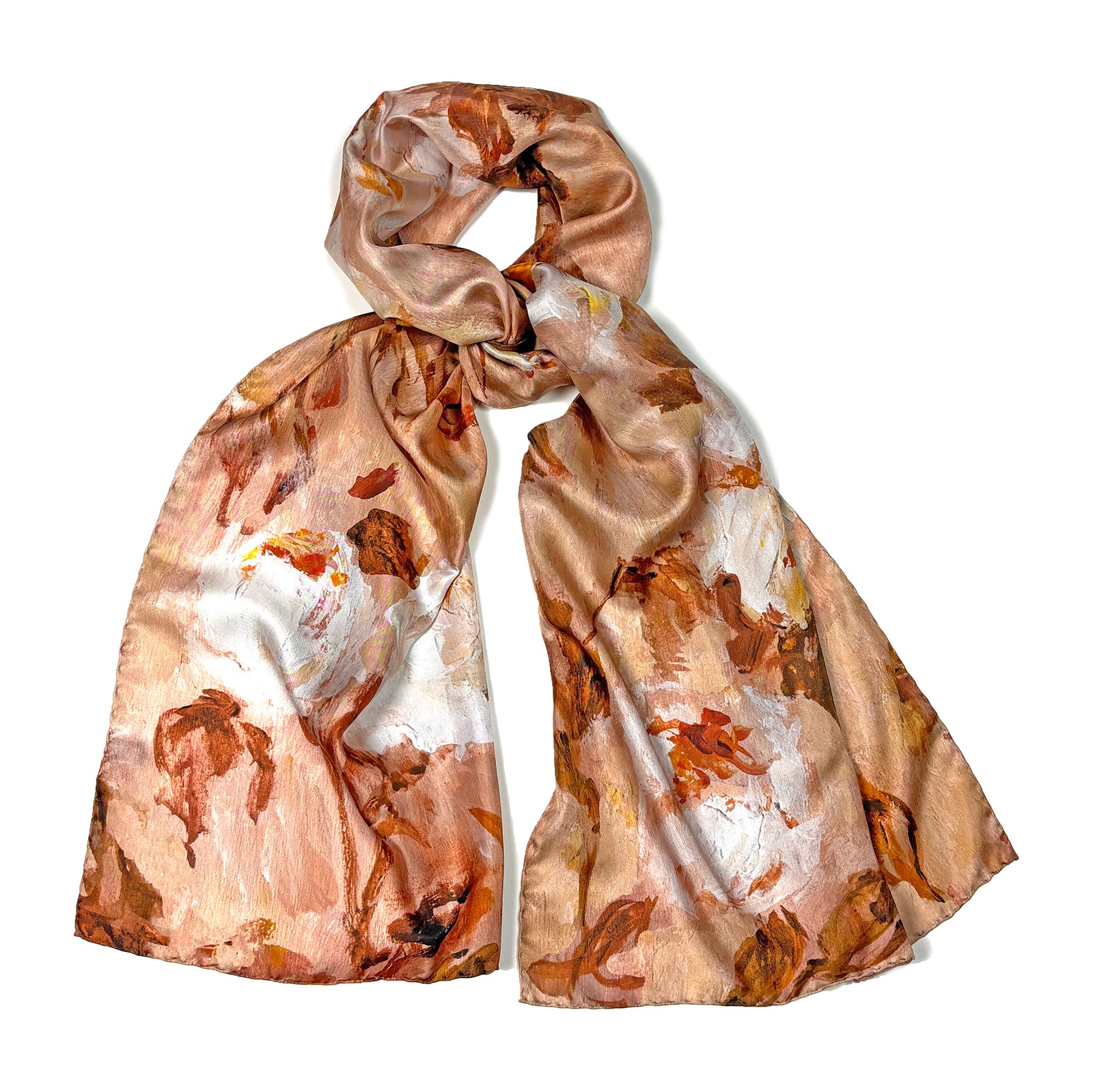 Woman in black wearing a long silk scarf with white roses and a beige background, Whispering Roses, from Oksana Fine Art and Design