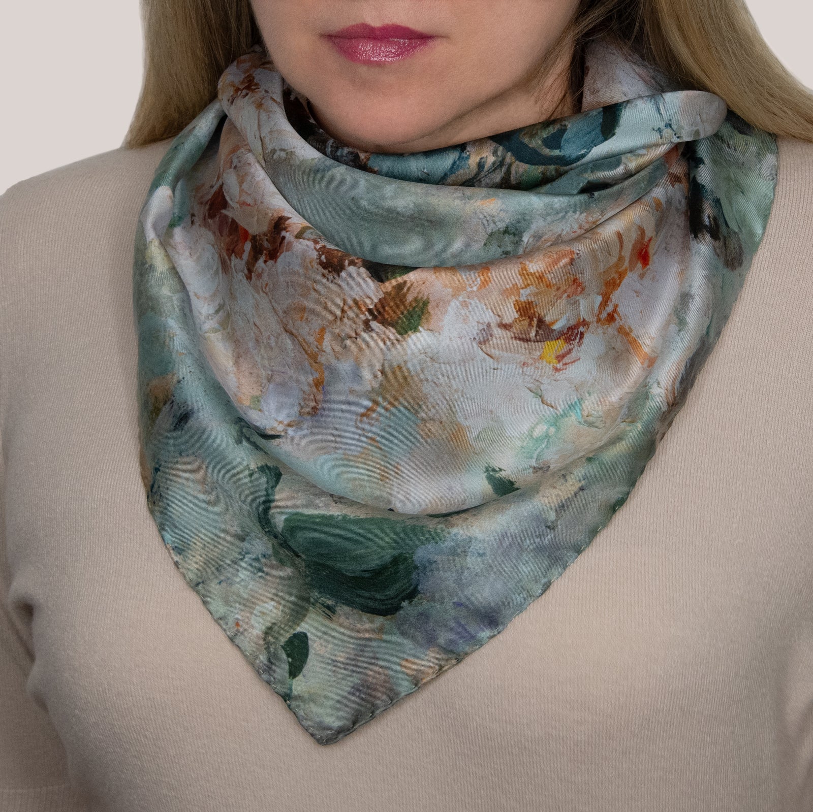 Impressionistic square scarf design Subtle Elegance of white and yellow roses on a green and dark background based on original oil painting by Oksana Johnson