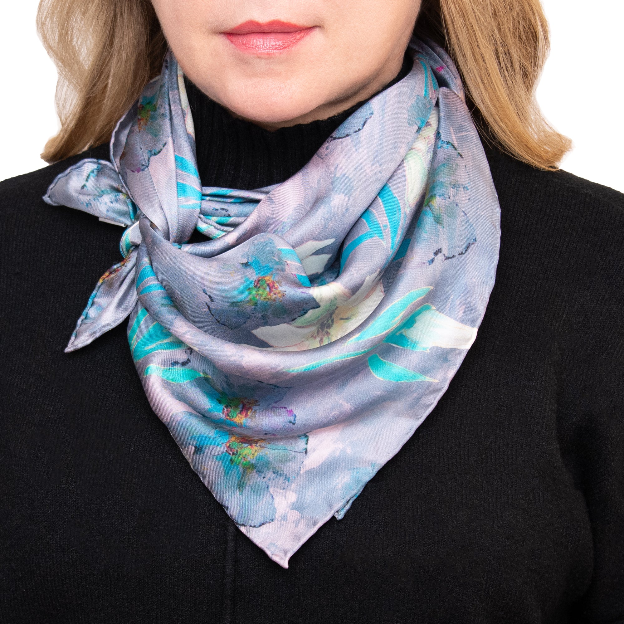 Woman wearing colorful white lilies scarf 