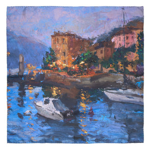 Square scarf based on painting of Italian lakeside scene with boats and buildings at dusk.