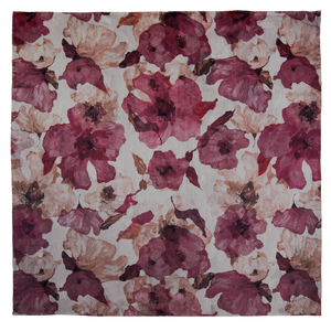 Square silk scarf with floral pattern in red, berry, maroon, and light colors, hand hemmed edges. 