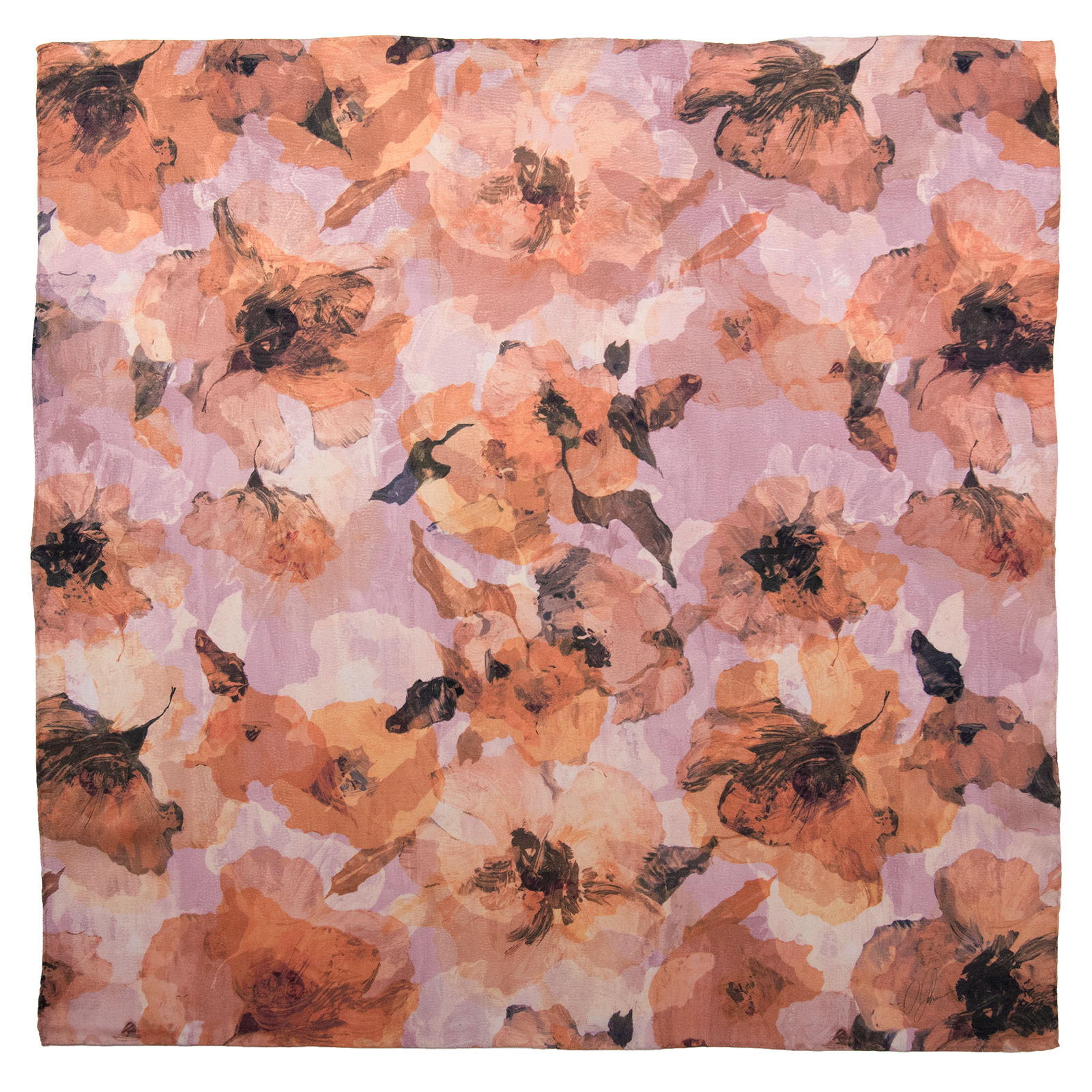 Woman wearing floral scarf in peach, rose, and coral tones, with light sweater.