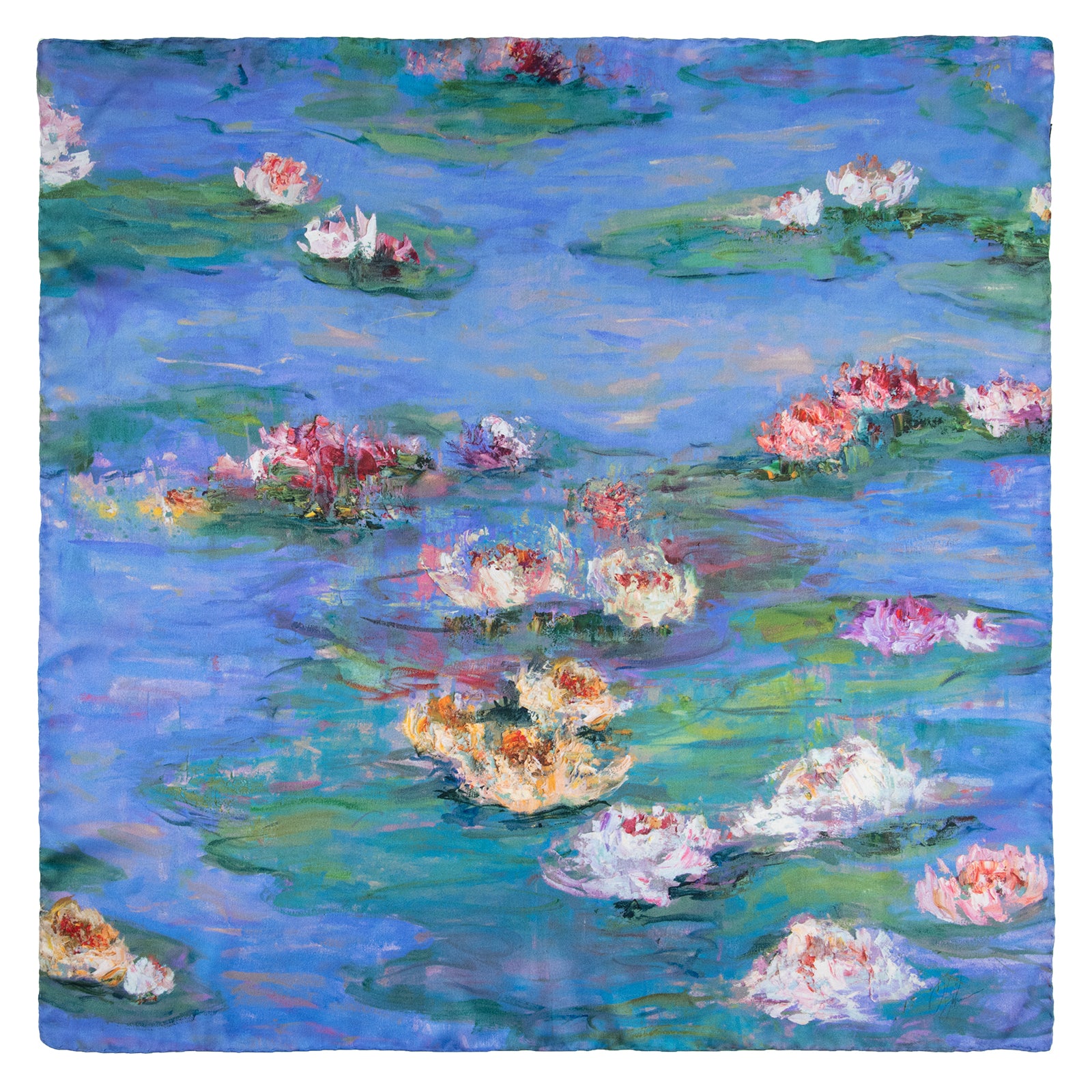 Woman in beige sweater wearing a small Floating Nympheas silk scarf around her neck, with pink, yellow, and white blossoms showing on blue water.