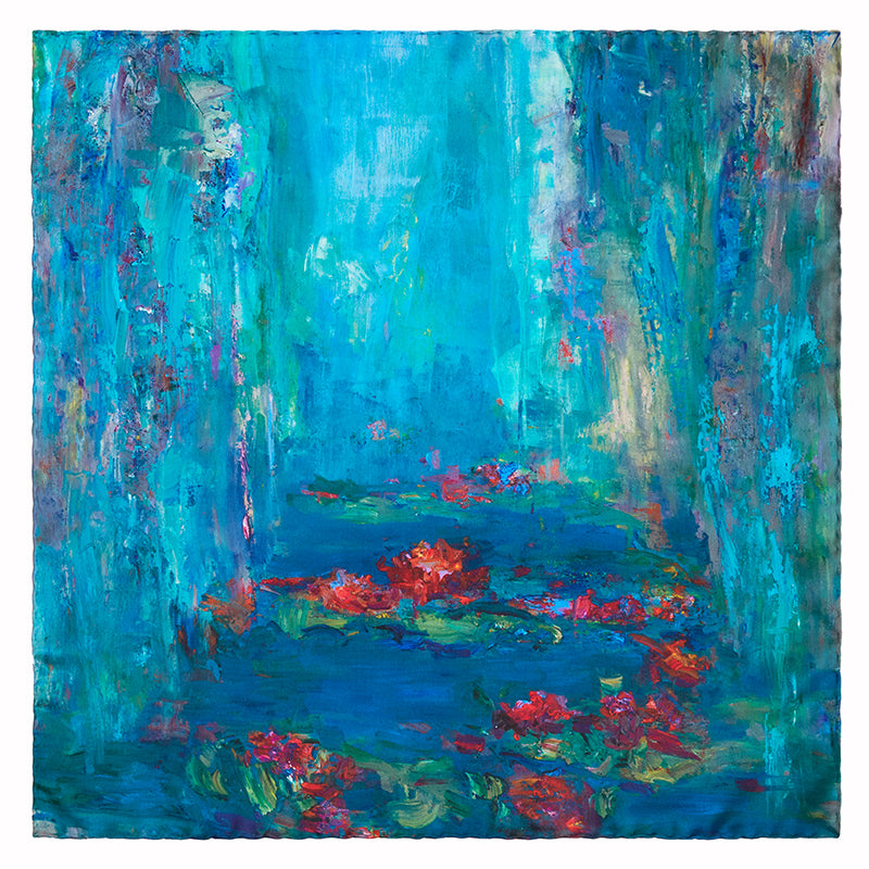 Oksana_WaterLilies_ItalianSilkScarf_Green_110x110cm_OksanaFineArtDesign_1_Monet_Giverny