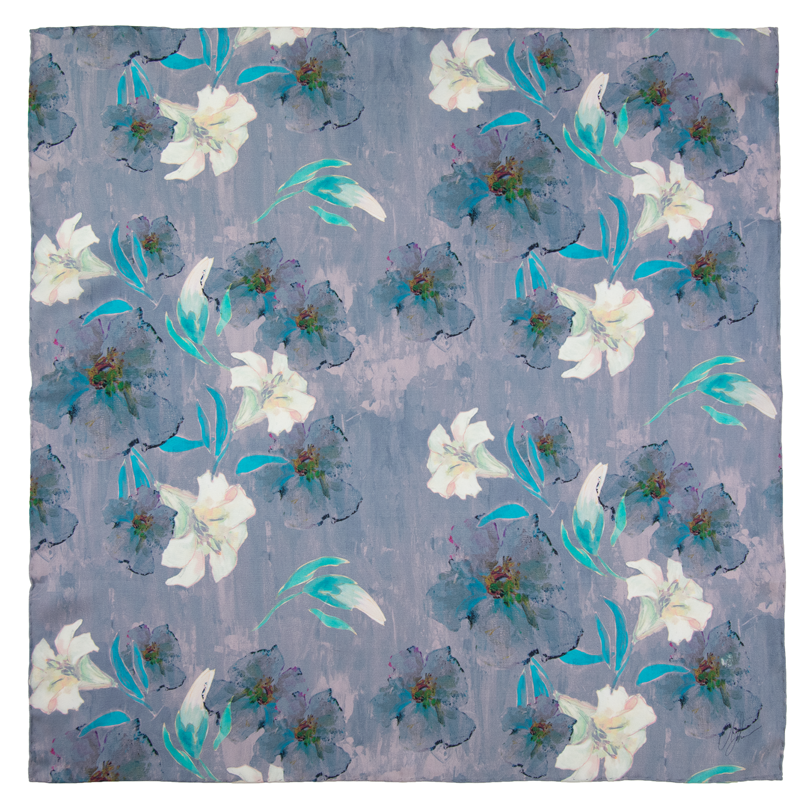 Square scarf with floral pattern including white lilies, with blue, and purple elements, hand hemmed edges. 