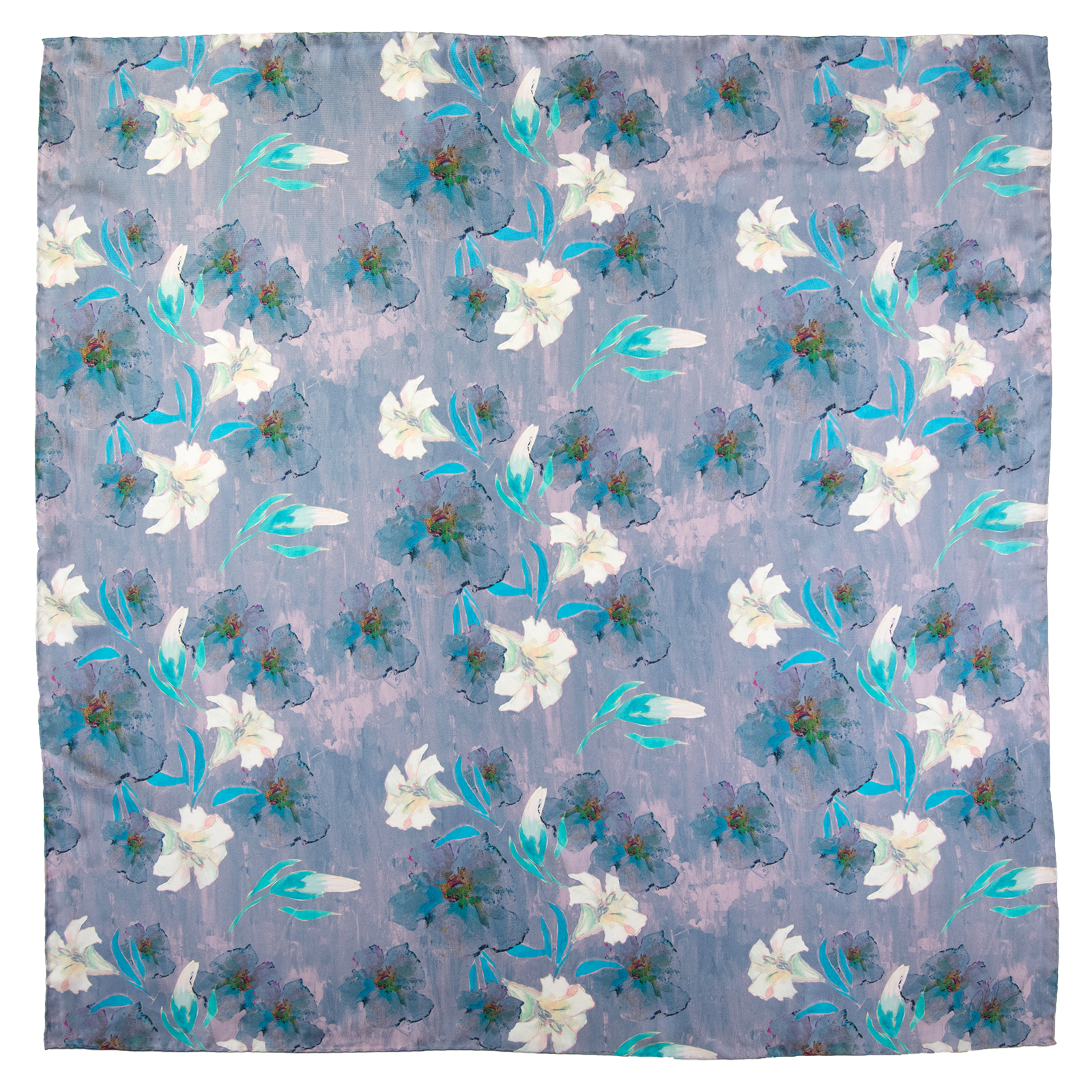 Square scarf with floral pattern including white lilies, with blue, and purple elements, hand hemmed edges. 