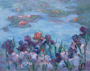 Irises and Waterlilies, archival fine art print by Oksana Johnson — deep purple and mauve irises in the foreground, calm blue water and floating lilies beyond