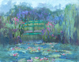 Memories of Giverny, archival fine art print by Oksana Johnson — Monet's Japanese bridge amid a flowering garden, lily pond, and willow, in blue, green, and violet