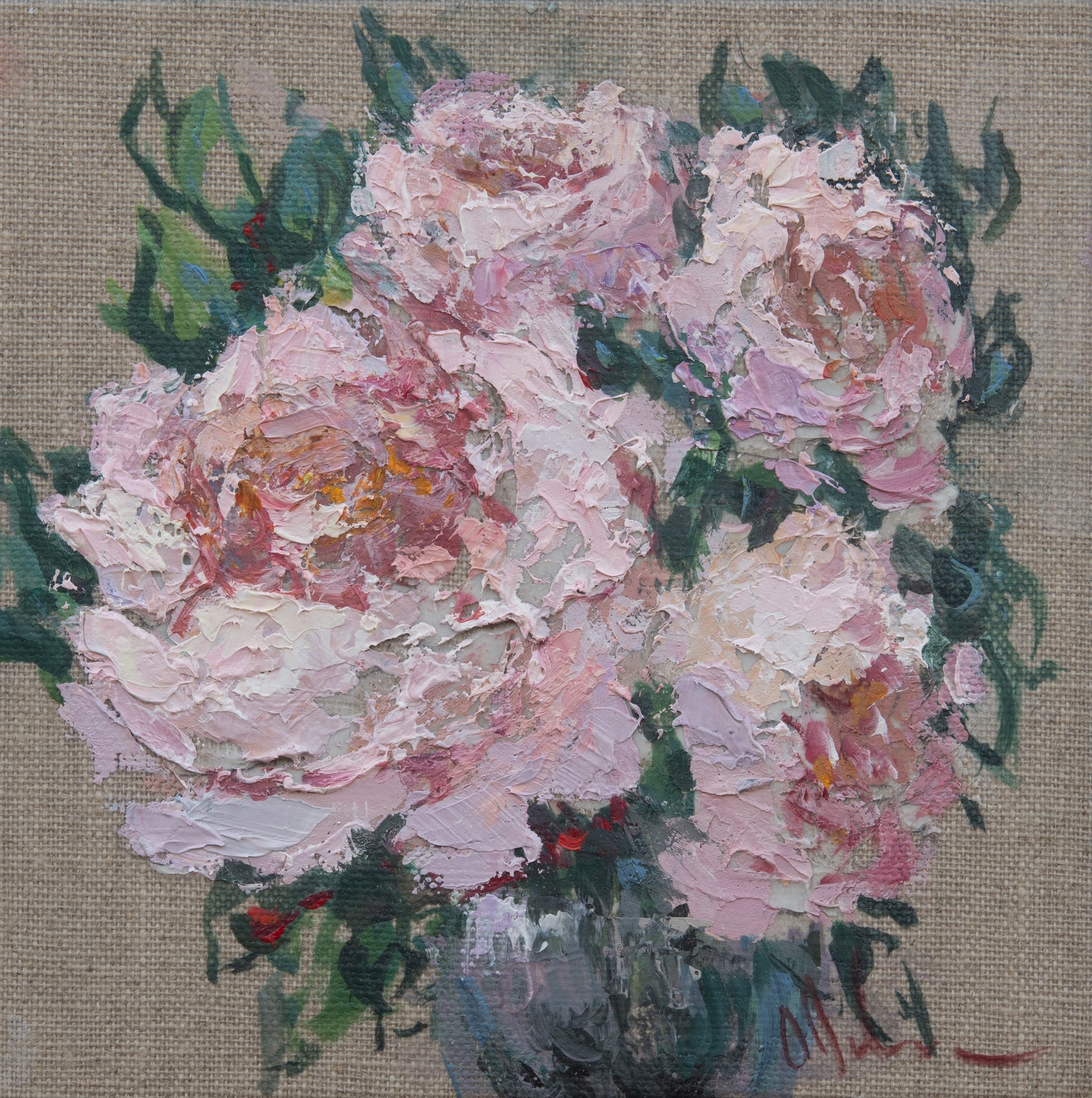 Oksana Johnson original oil painting pink roses Pastel Elegance square textured