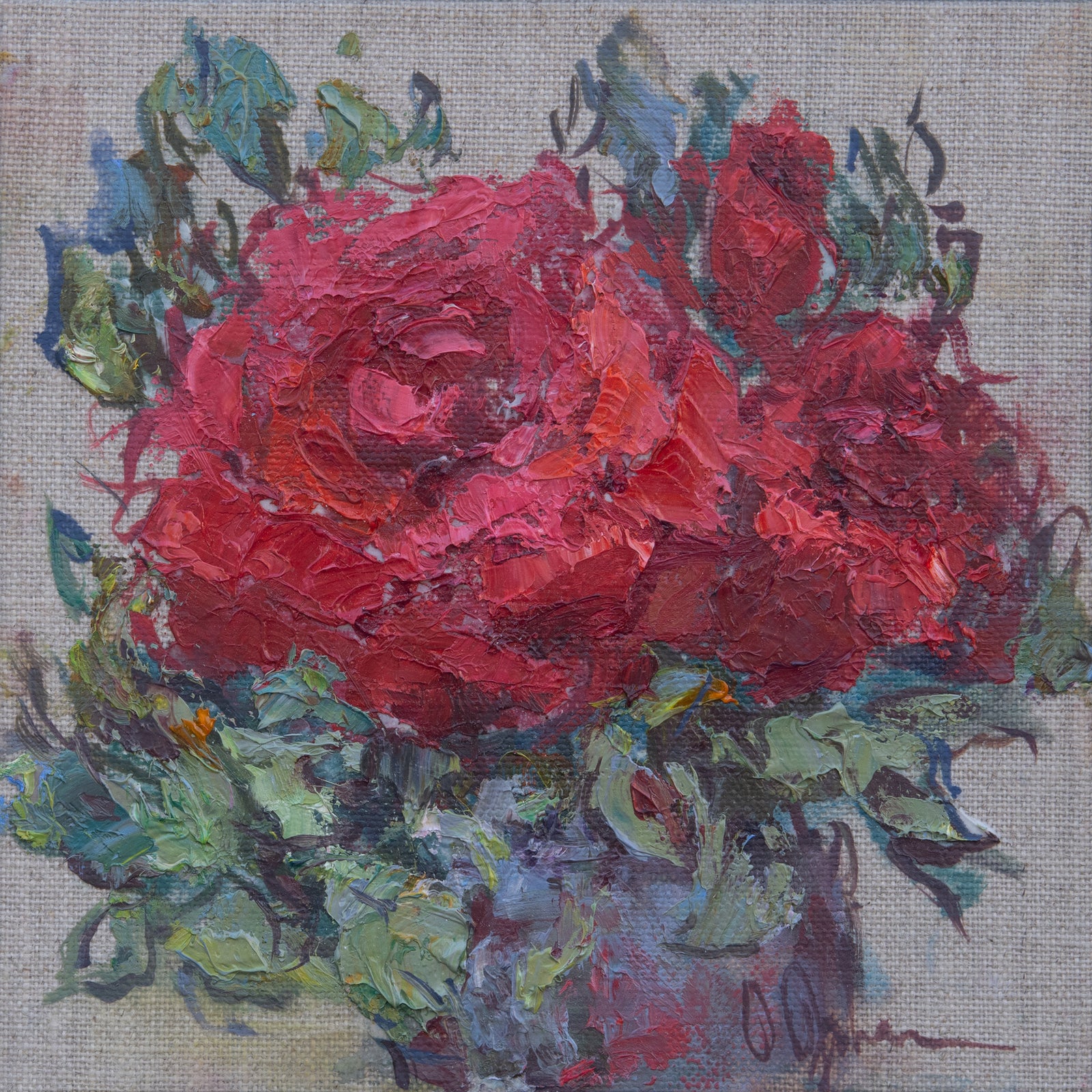Small-original-oil-painting-Oksana-Johnson-red-roses-framed-on linen-6x6 inches-impressionism-main