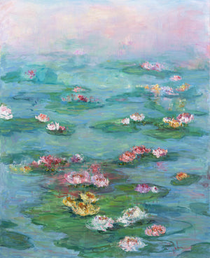 Sunrise over the Pond, archival fine art print by Oksana Johnson — soft morning light dissolving over a lily-covered pond in blush pink, teal, and warm coral