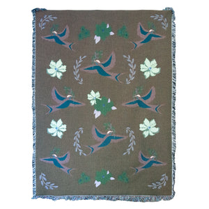 Back side of reversible decorative woven blanket, showing bird images in darker colors and light flowers against a brown background.  