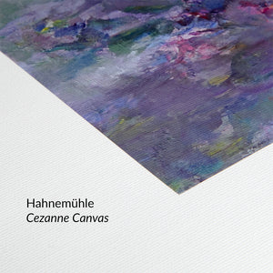 Close-up detail of texture of Hahnemuehle brand Cezanne Canvas showing white border and a small corner of an impressionist fine art print from Oksana Johnson's The Water Garden Collection