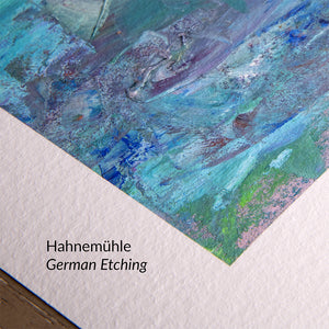 Close-up detail of texture of Hahnemuehle brand German Etching fine art paper showing white border and a small corner of an impressionist fine art print from Oksana Johnson's The Water Garden Collection