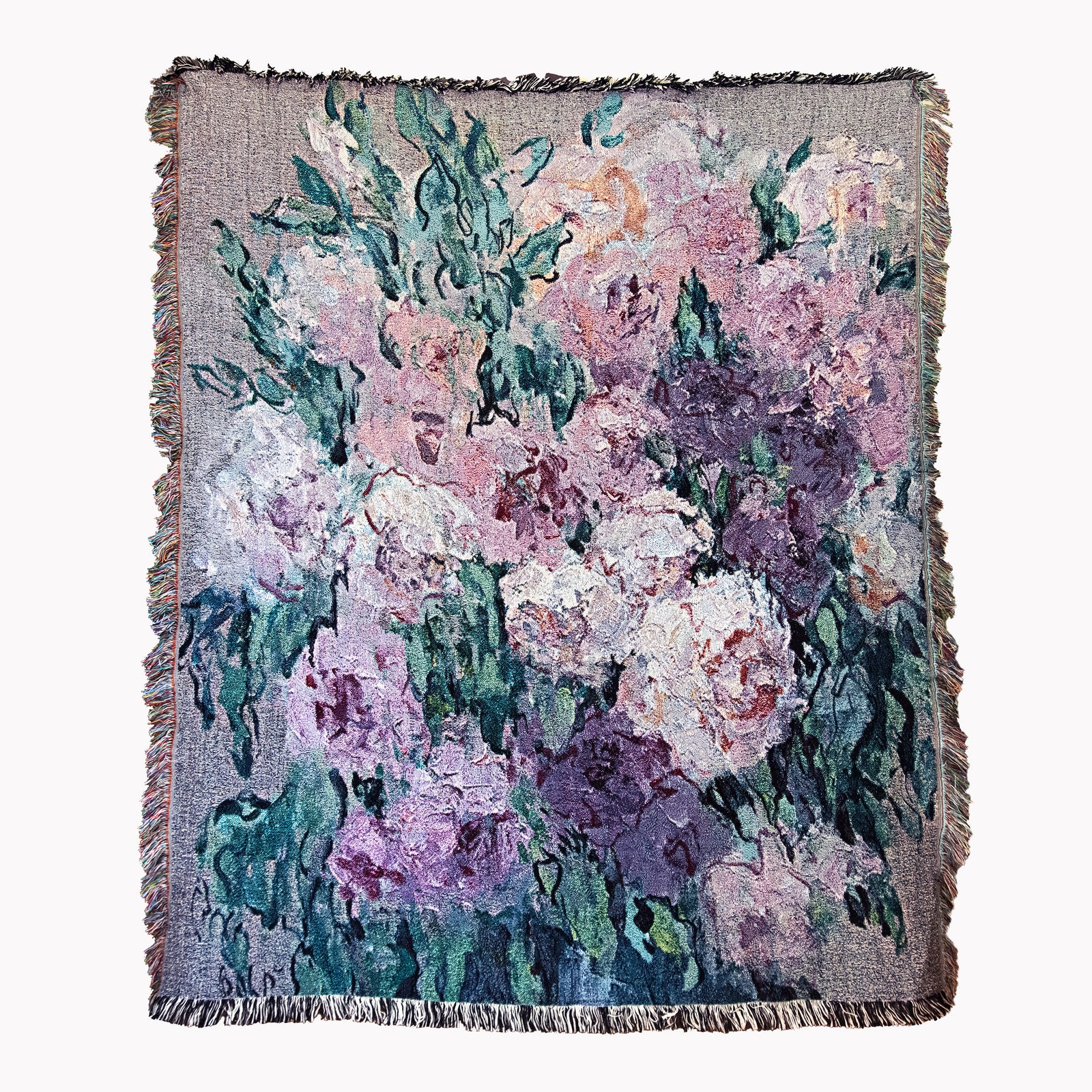 Fine art woven blanket with pink and violet rose blossoms and deep green leaves in an impressionist style, with effect of a tapestry, with fringed edges. 