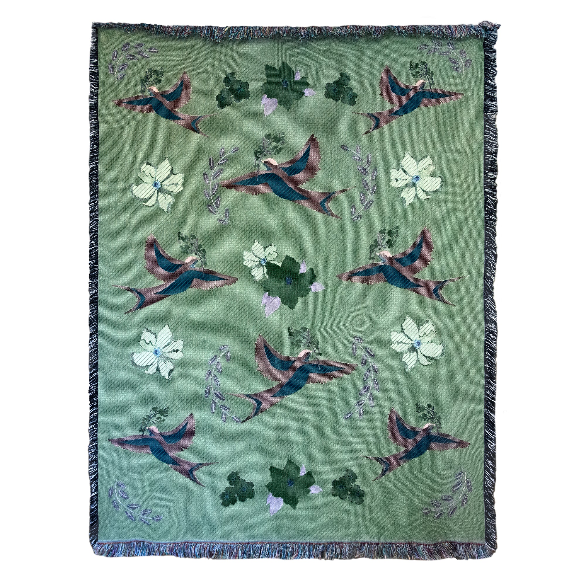 Reverse side of fine art blanket showing green woven background and pattern of dark green and brown birds, along with light and dark flowers.