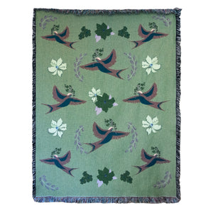 Reverse side of fine art blanket showing green woven background and pattern of dark green and brown birds, along with light and dark flowers.
