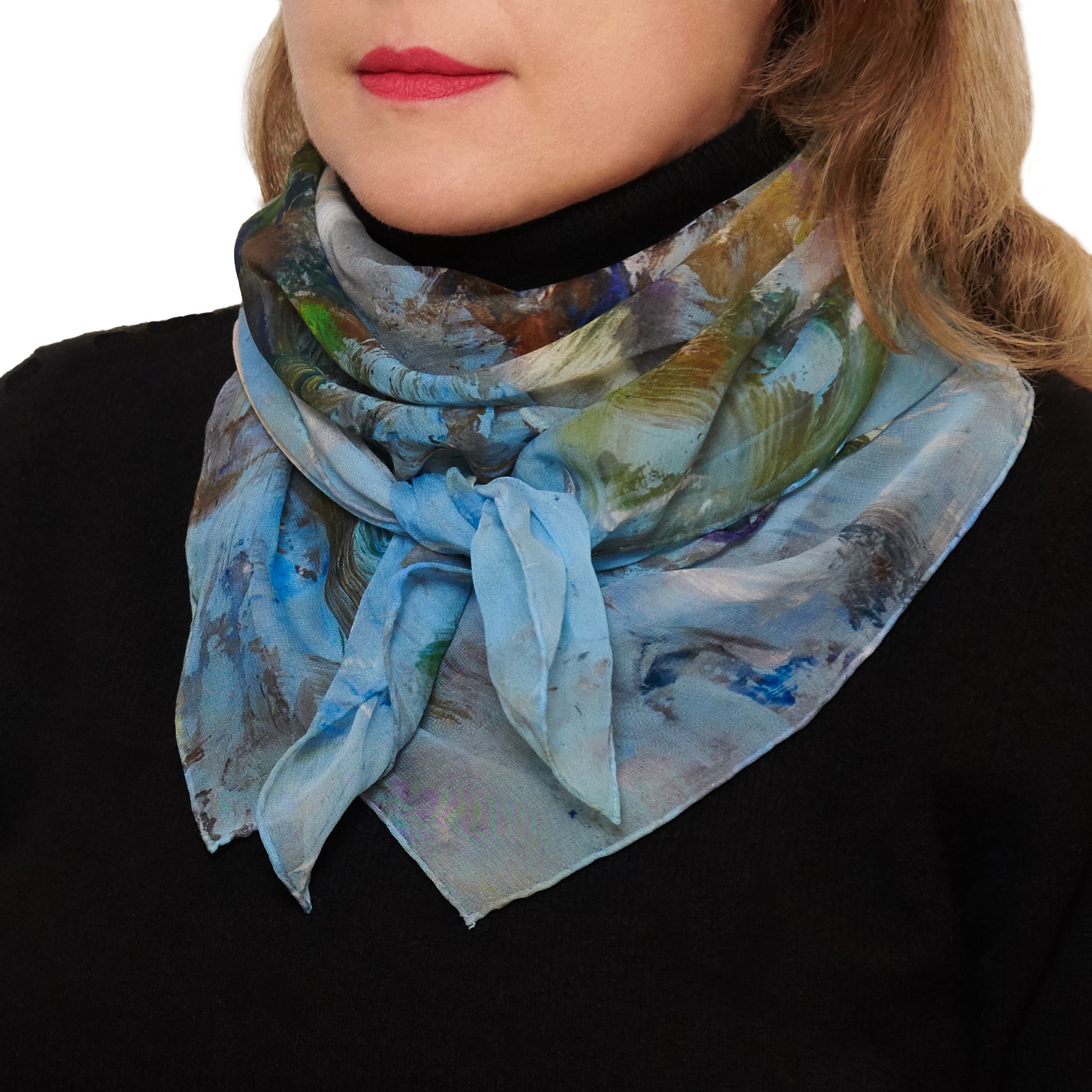 White Magnolias, 35-inch Square Italian Silk Scarf, Silk Georgette