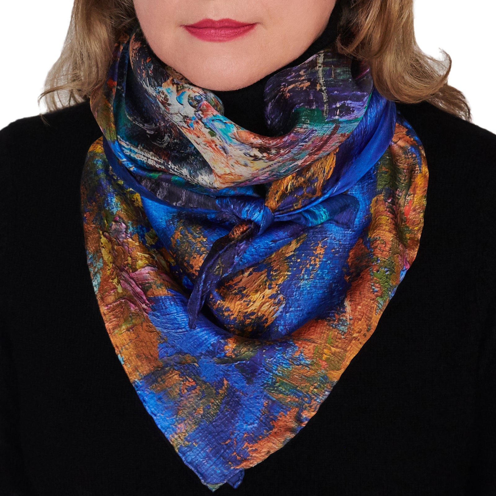 Oksana_GoldenLeaves_ItalianSilkScarf_Gold_Blue_90x90m_OksanaFineArtDesign