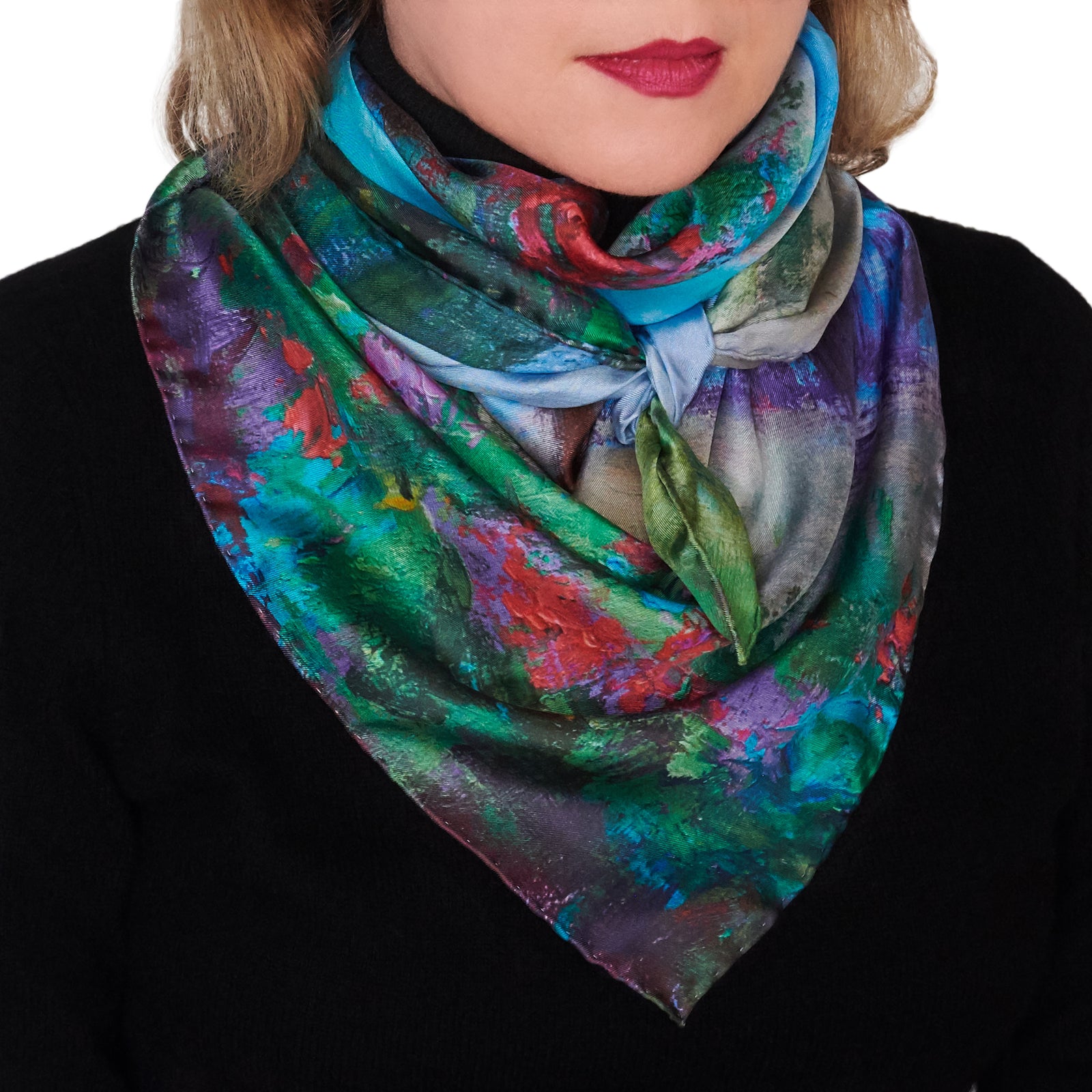 Oksana_Reverie_ItalianSilkScarf_Green_Red_Blue_90x90cm_OksanaFineArtDesign_1