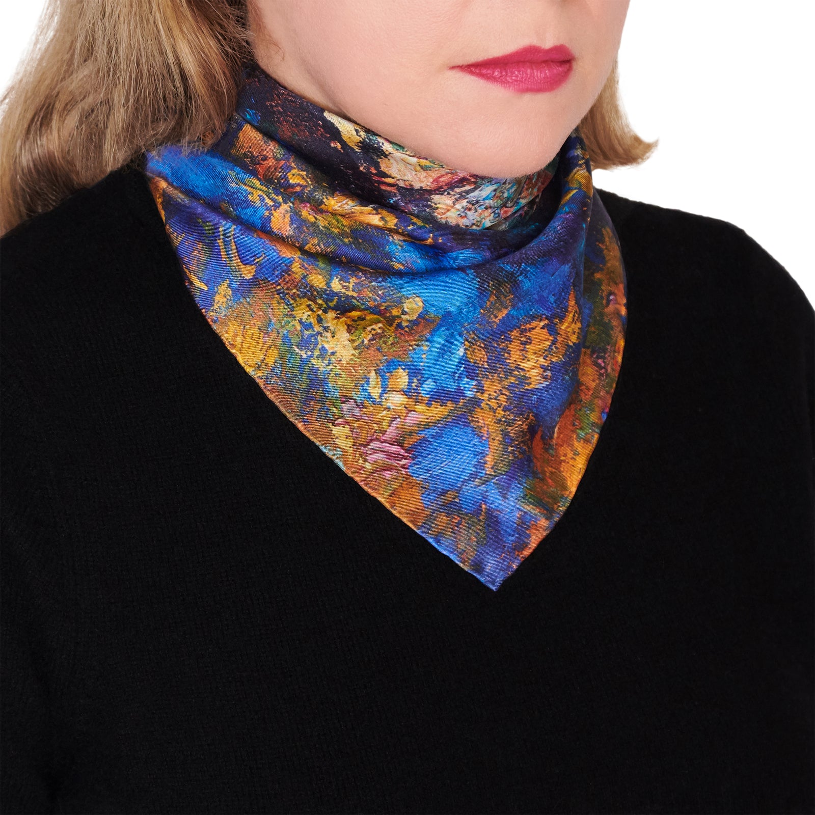 Oksana_GoldenLeaves_ItalianSilkScarf_Orange_Blue_42x42cm_OksanaFineArtDesign_2