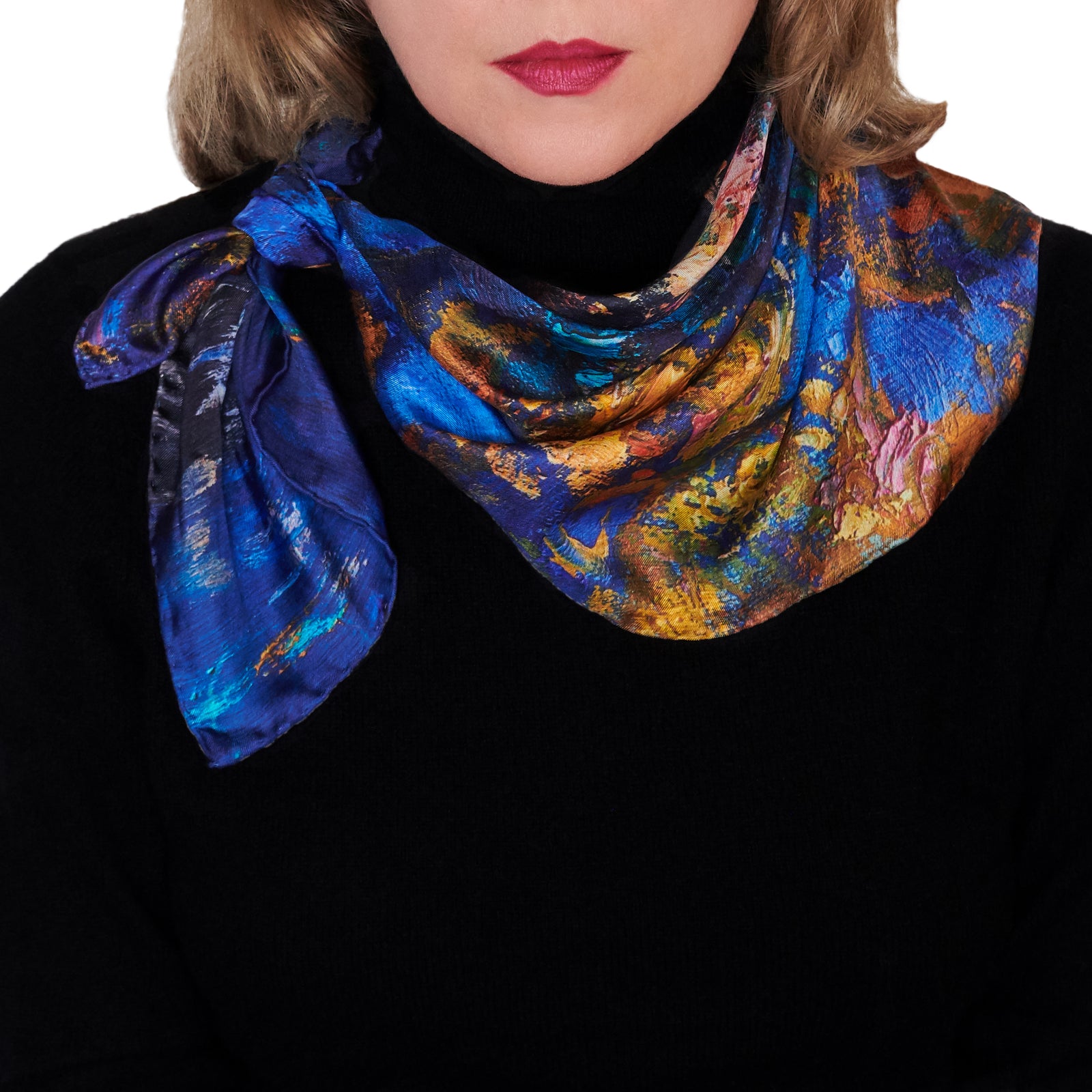 Oksana_GoldenLeaves_ItalianSilkScarf_Gold_Blue_OksanaFineArtDesign