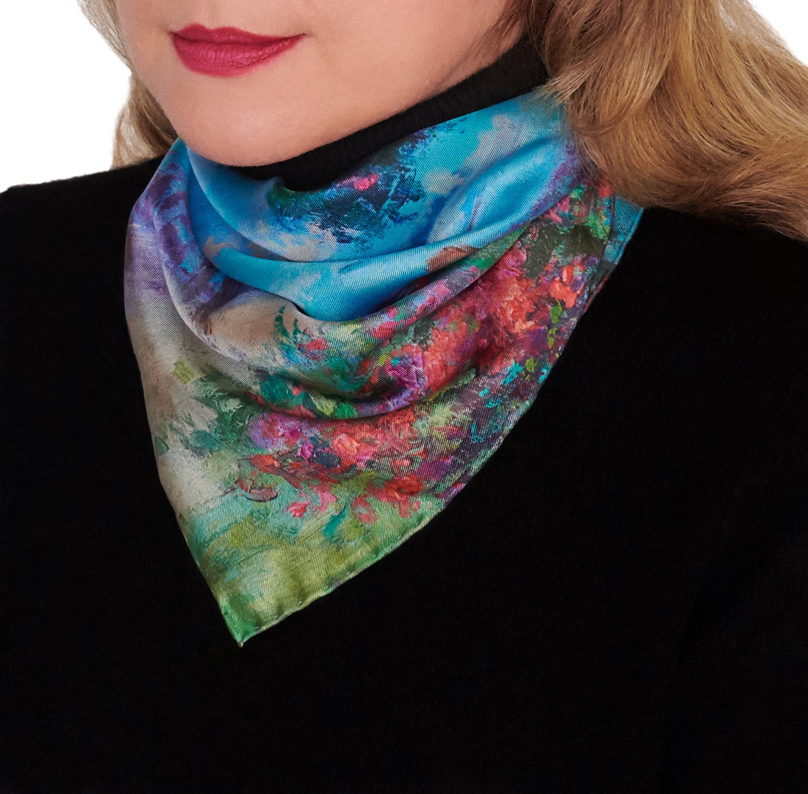 Oksana_Reverie_ItalianSilkScarf_Green_Red_Blue_42x42cm_OksanaFineArtDesign