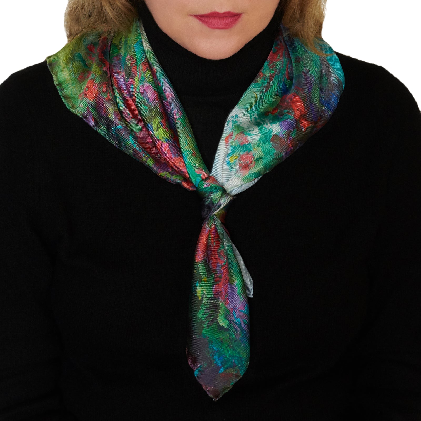 Oksana_Reverie_ItalianSilkScarf_Green_Red_Blue_65x65cm_OksanaFineArtDesign_square