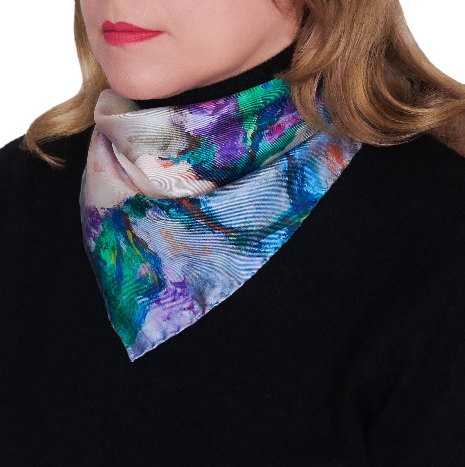 Oksana_Wisteria&Magnolias_ItalianSilkScarf_White_Purple_42x42cm_OksanaFineArtDesign_1