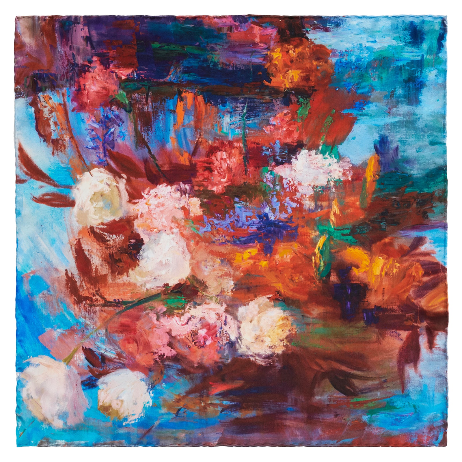 Oksana_OrangeBouquet_ItalianSilkScarf_Orange_42x42cm_OksanaFineArtDesign_1