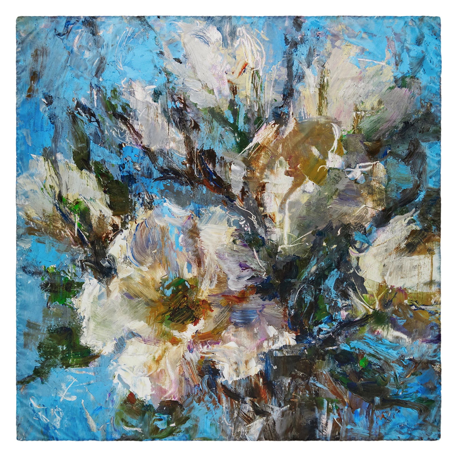 Oksana_WhiteMagnolias_ItalianSilkScarf_LightBlue_OksanaFineArtDesign_Square_Impressionist