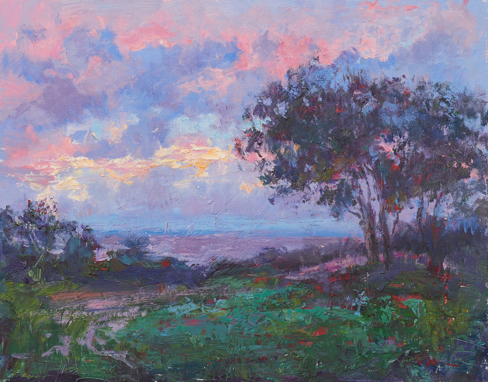 Oksana-Johnson-original-oil-painting-Pink-Sunset-before-the-Rain-Pointe-du-Hoc-Normandy-France-Trees-Hill-Ocean-Sunset-11x14-inches