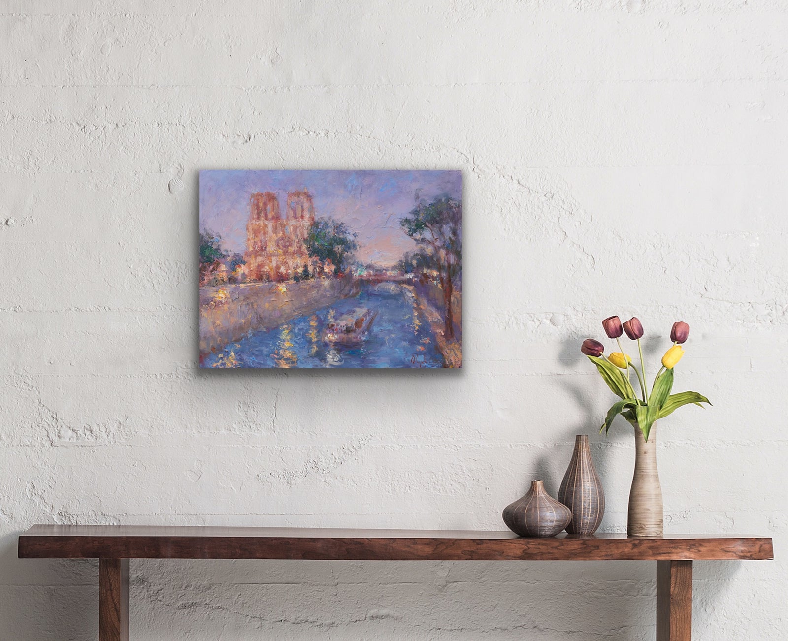 Oksana-Johnson-original-oil-painting-Twilight-in-Paris-9x12-inches-Notre-Dame-Seine-River-boat