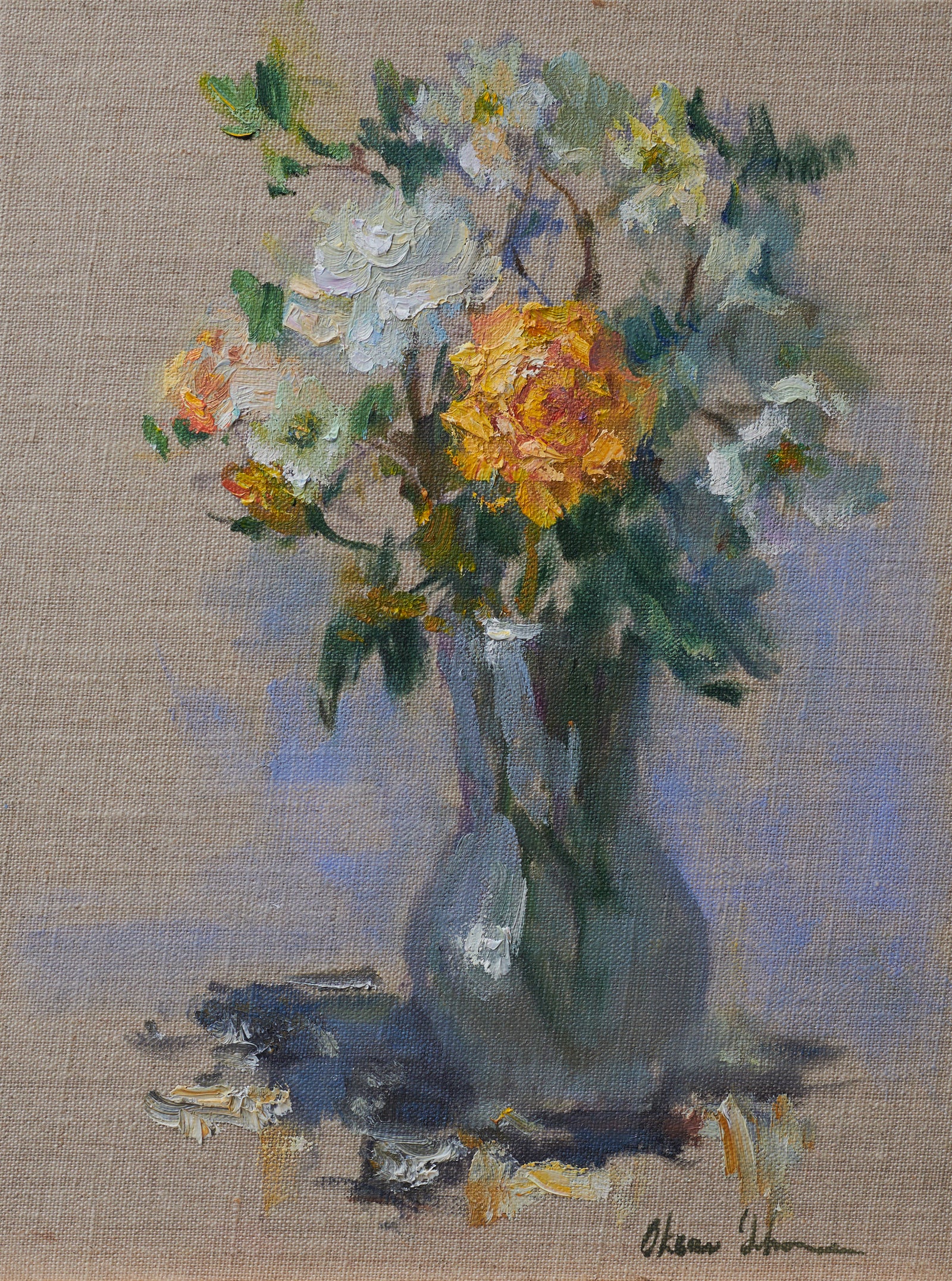 Oksana-Johnson-Oil-Painting-9x12-inches-Yellow-Rose-Vase-on-Canvas