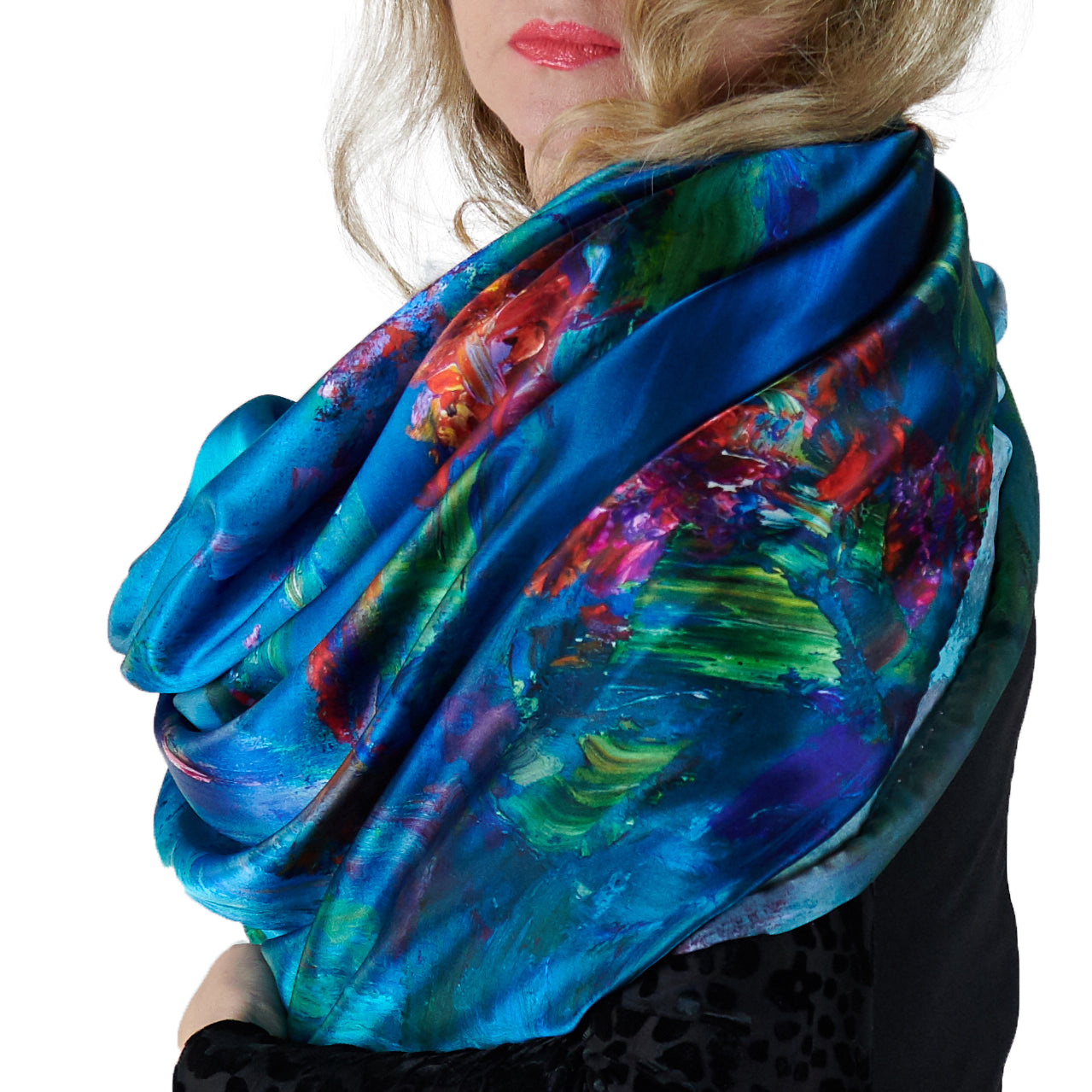 Oksana_WaterLilies_ItalianSilkScarf_Green_90x90cm_OksanaFineArtDesign_1_Monet_Giverny