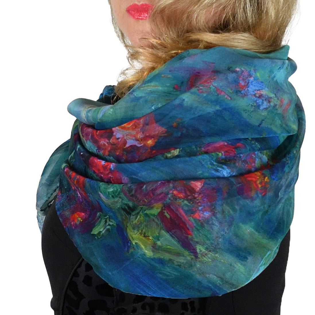 Oksana_WaterLilies_ItalianSilkScarf_Green_90x90cm_OksanaFineArtDesign_GeorgetteSilk