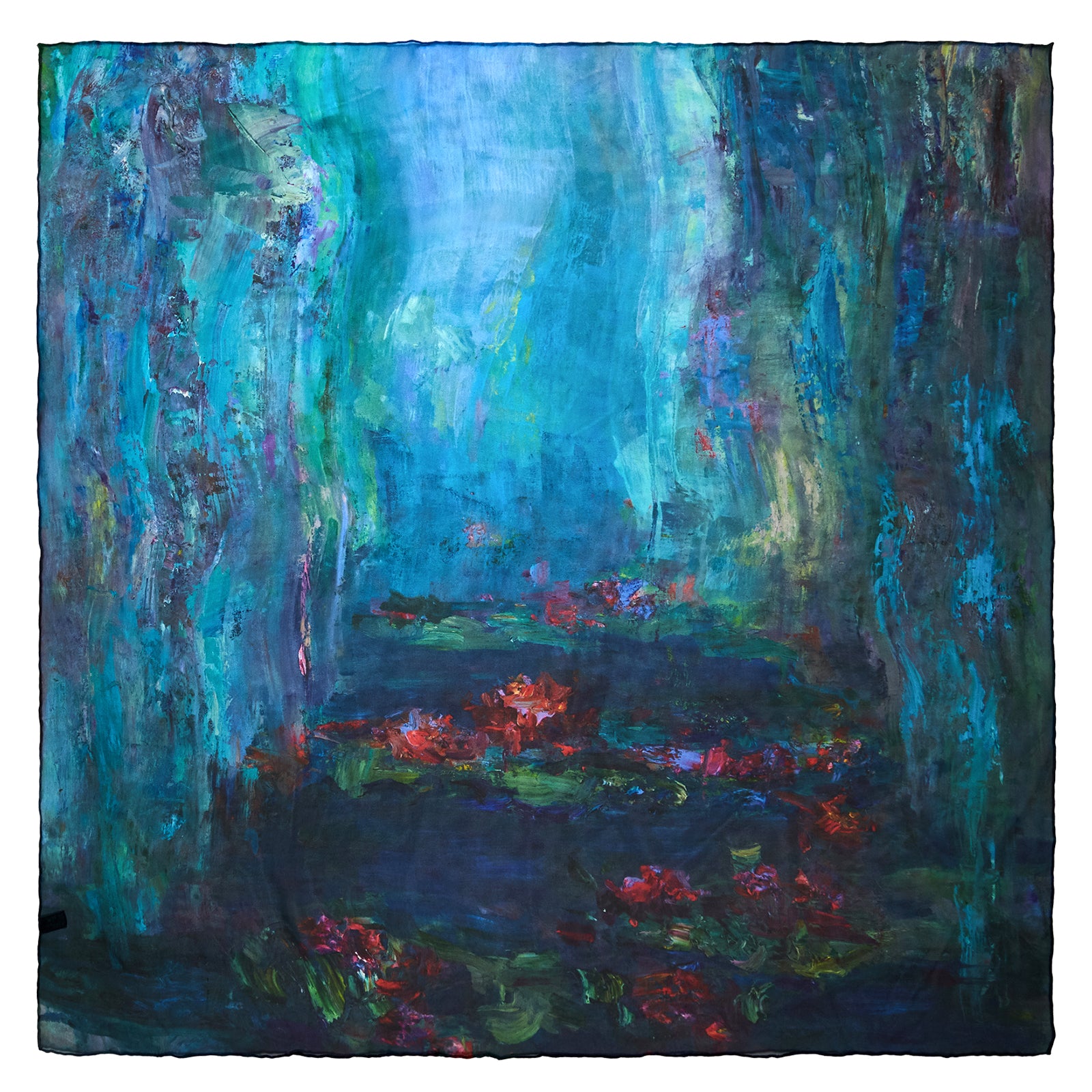 Oksana_WaterLilies_ItalianSilkScarf_Green_90x90cm_OksanaFineArtDesign_GeorgetteSilk