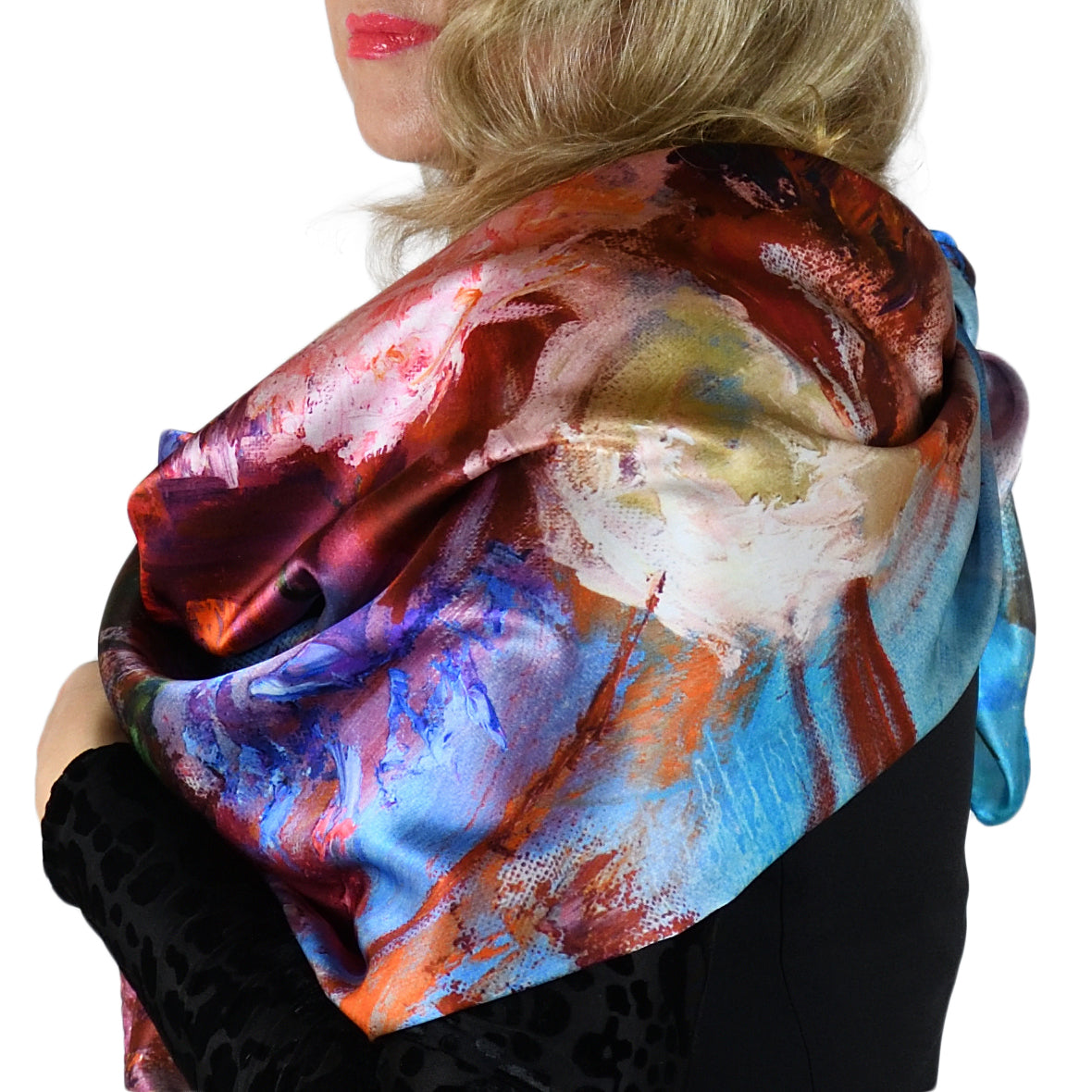 Oksana_OrangeBouquet_ItalianSilkScarf_Orange_90x90cm_OksanaFineArtDesign_1
