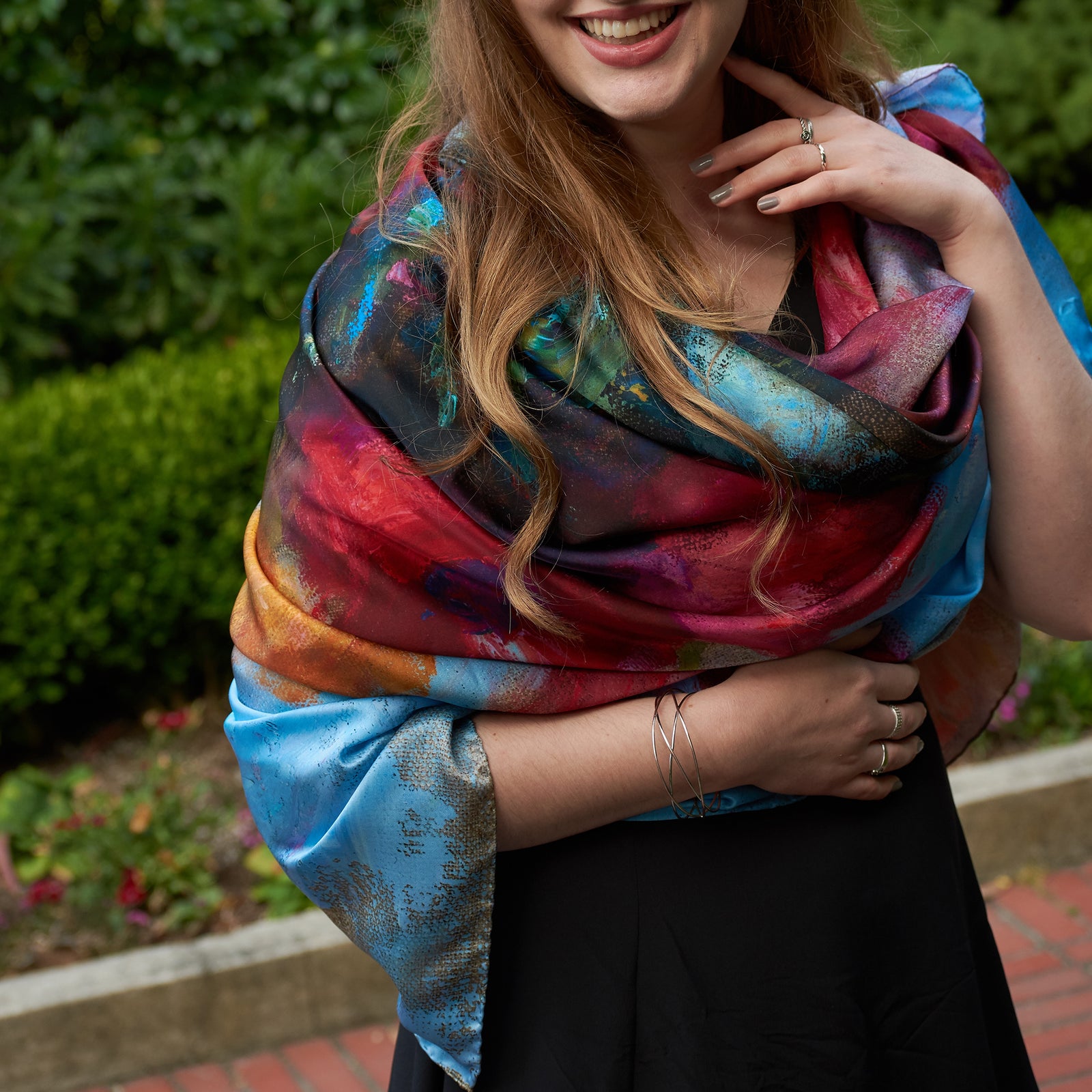 Oksana_SpringIsComing_ItalianSilkScarf_Red_135x135cm_OksanaFineArtDesign_1