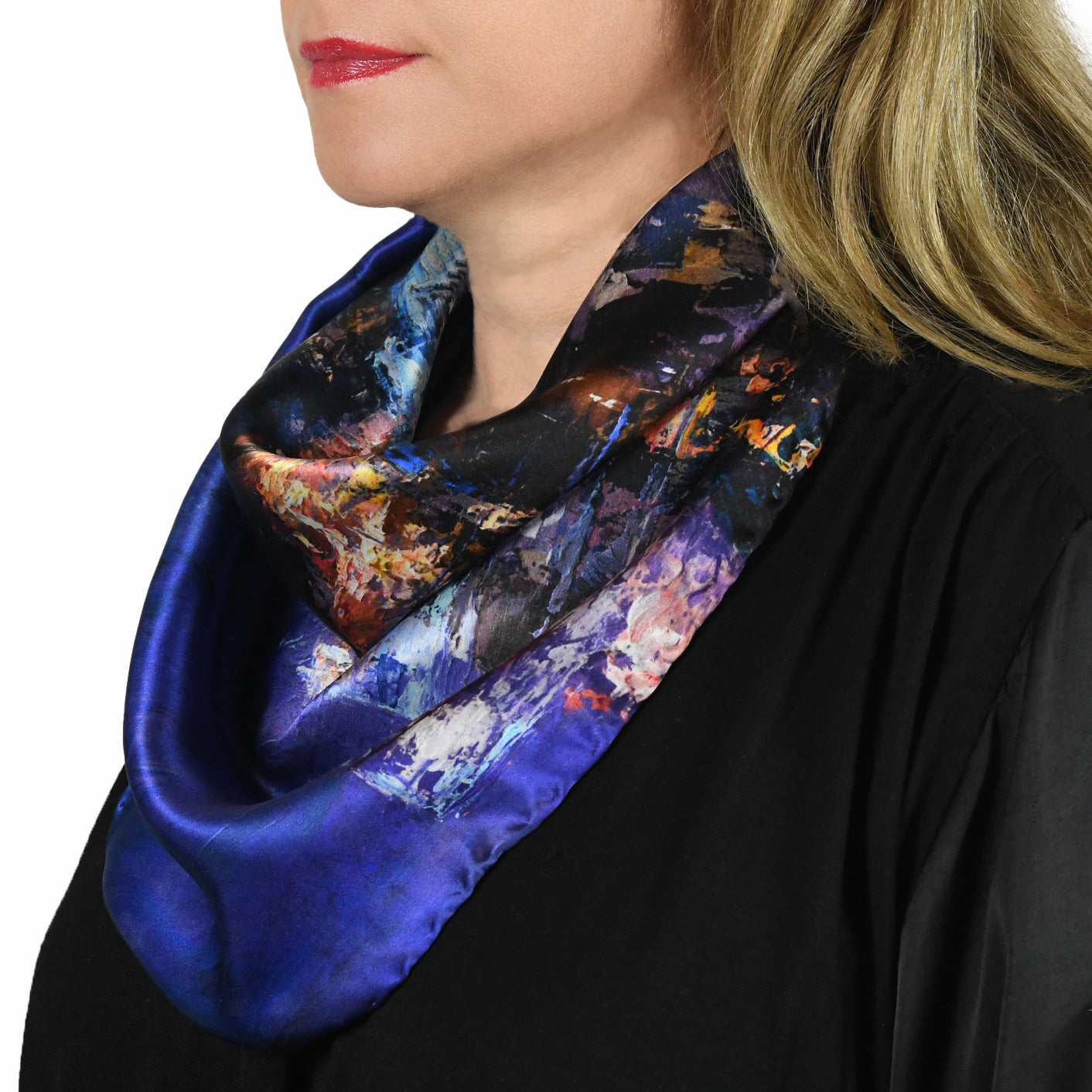 Oksana_LightsOfTheCity_ItalianSilkScarf_Blue_OksanaFineArtDesign_Square