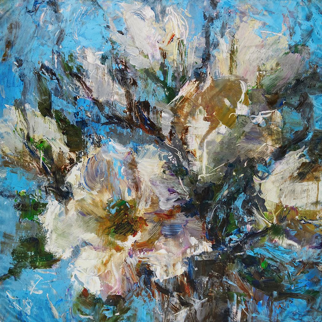 White Magnolias, 35-inch Square Italian Silk Scarf, Silk Georgette