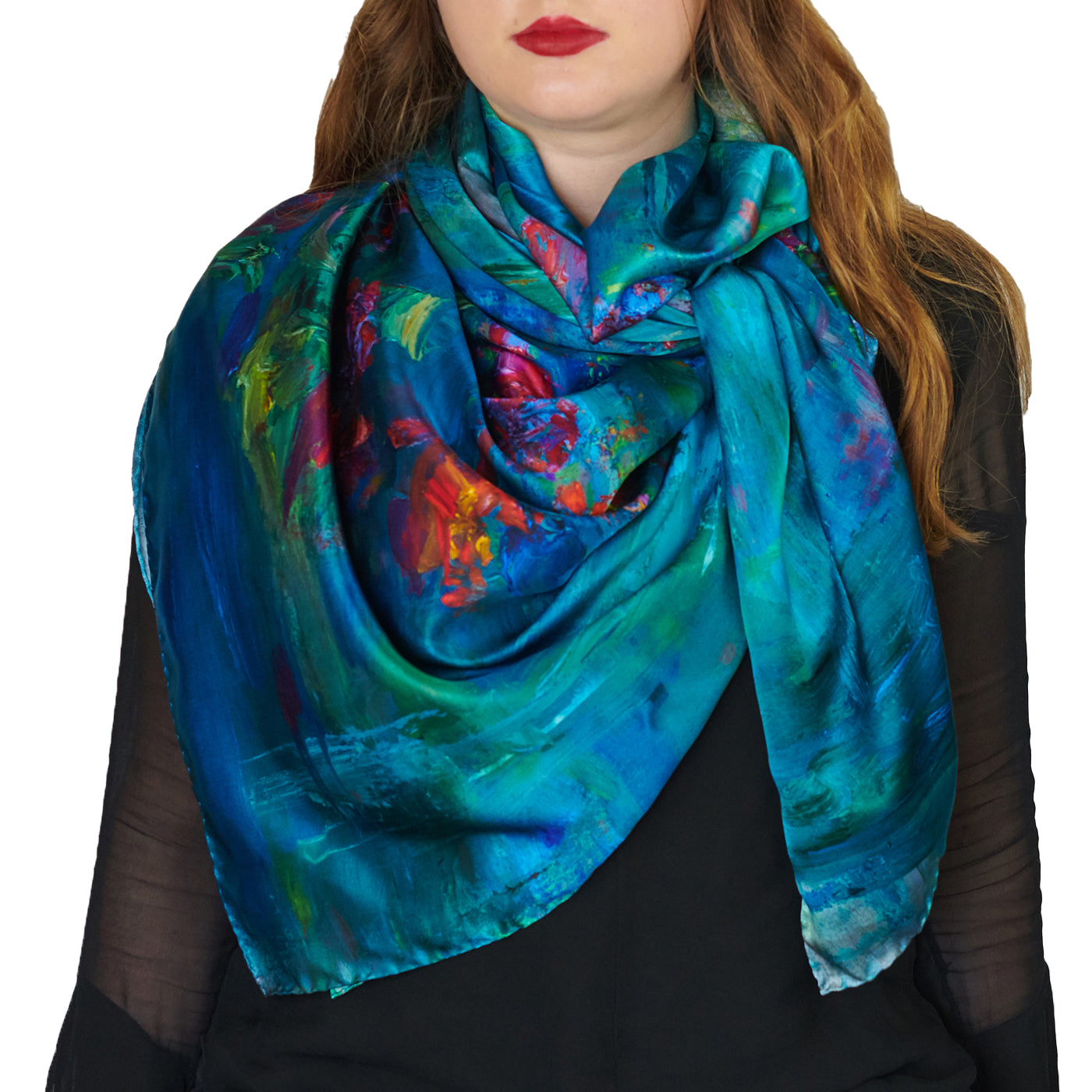 Oksana_WaterLilies_ItalianSilkScarf_Green_135x135cm_OksanaFineArtDesign_1